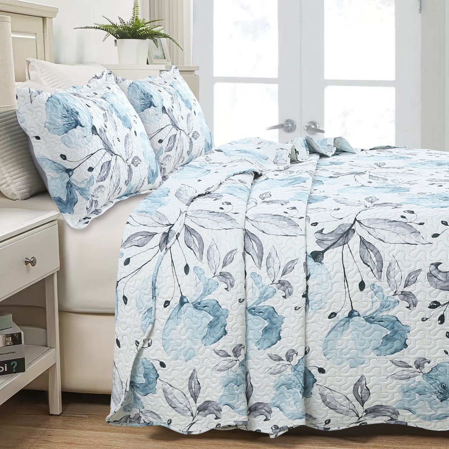 Printed Embossed Pinsonic Soft Bedding Summer Quilt Set, Blue Floral