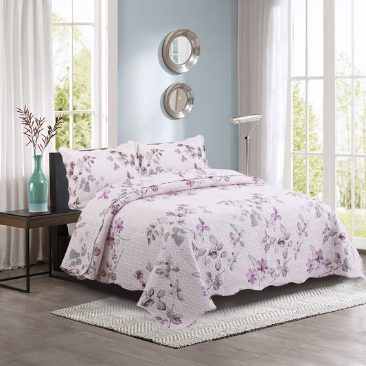 Printed Embossed Pinsonic Soft Bedding Summer Quilt Set, Purple Pink Floral