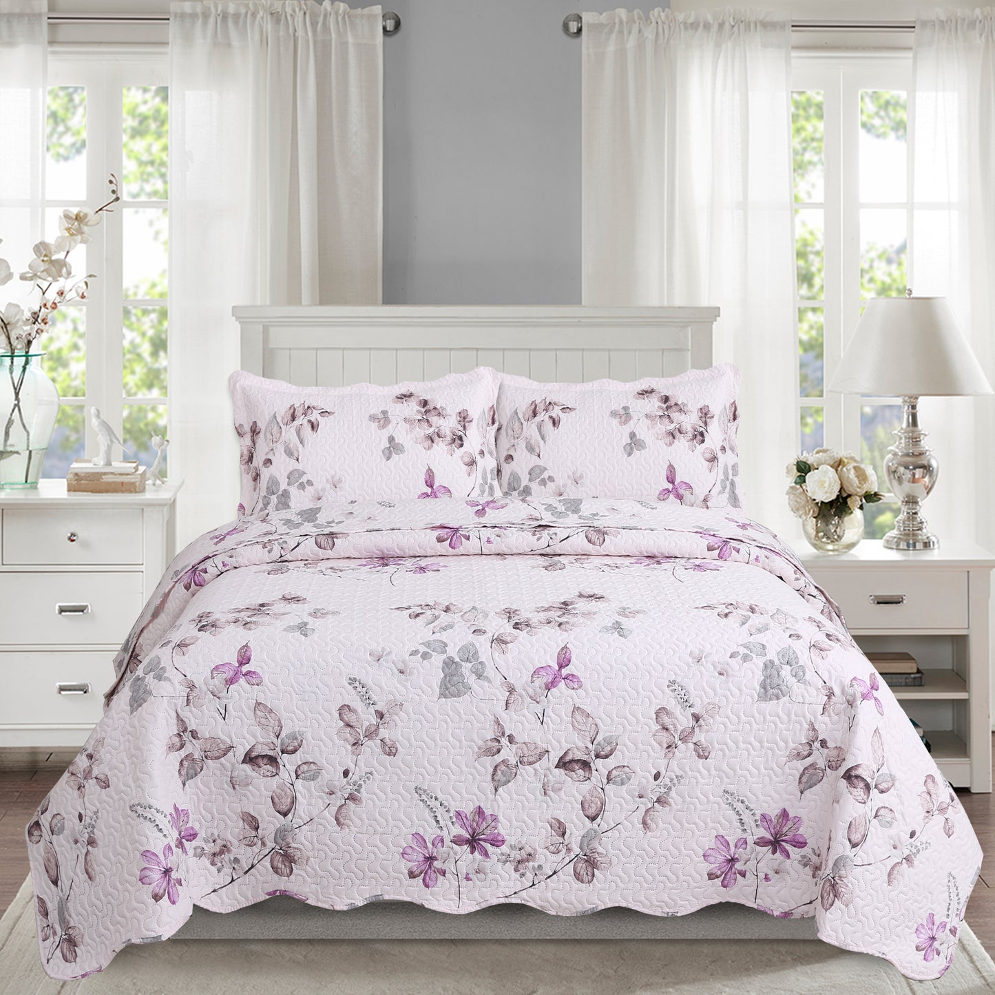 Printed Embossed Pinsonic Soft Bedding Summer Quilt Set, Purple Pink Floral