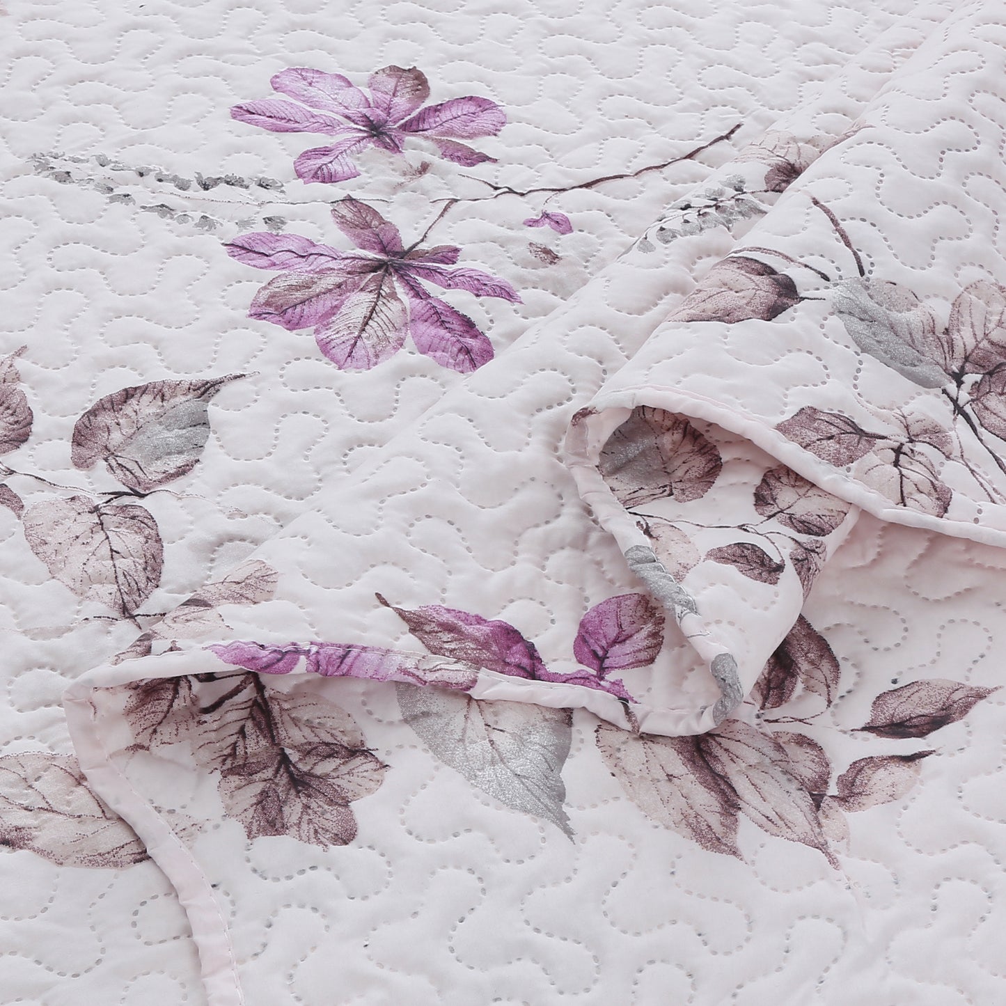 Printed Embossed Pinsonic Soft Bedding Summer Quilt Set, Purple Pink Floral