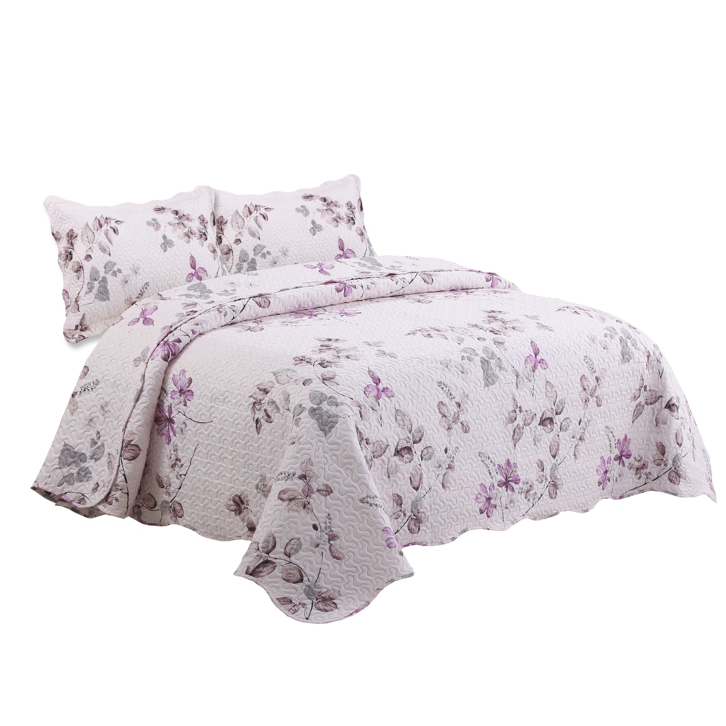 Printed Embossed Pinsonic Soft Bedding Summer Quilt Set, Purple Pink Floral