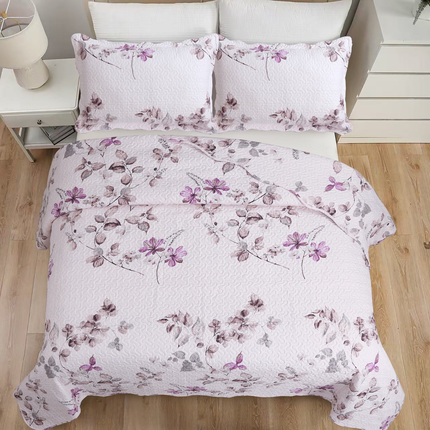 Printed Embossed Pinsonic Soft Bedding Summer Quilt Set, Purple Pink Floral