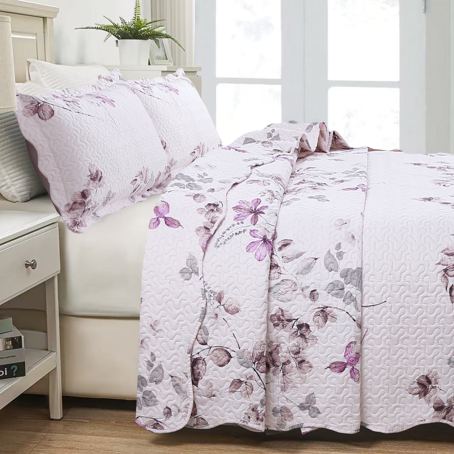 Printed Embossed Pinsonic Soft Bedding Summer Quilt Set, Purple Pink Floral