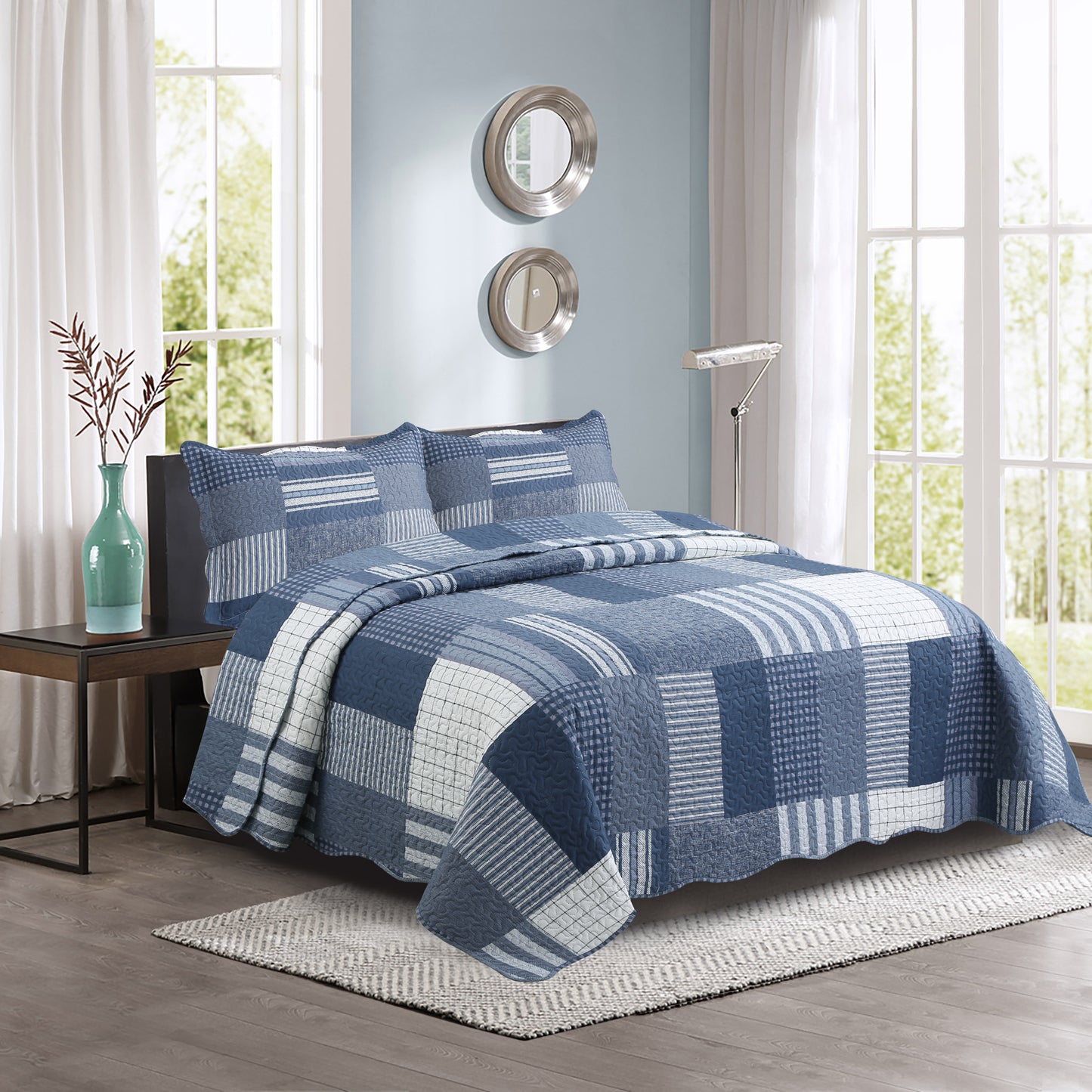 Printed Embossed Pinsonic Soft Bedding Summer Quilt Set, Navy White Plaid