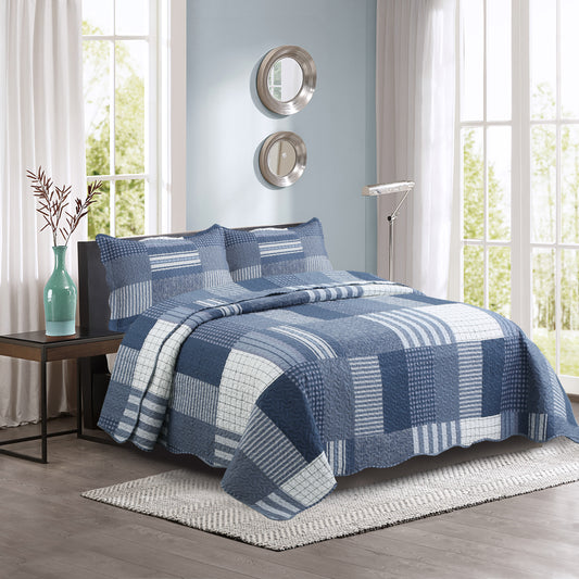 Printed Embossed Pinsonic Soft Bedding Summer Quilt Set, Navy White Plaid