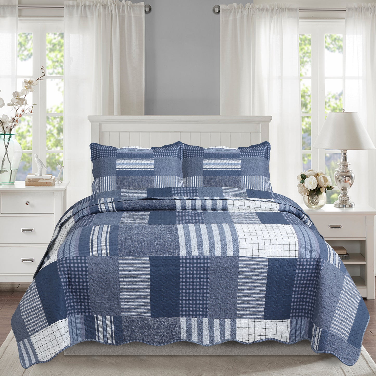 Printed Embossed Pinsonic Soft Bedding Summer Quilt Set, Navy White Plaid