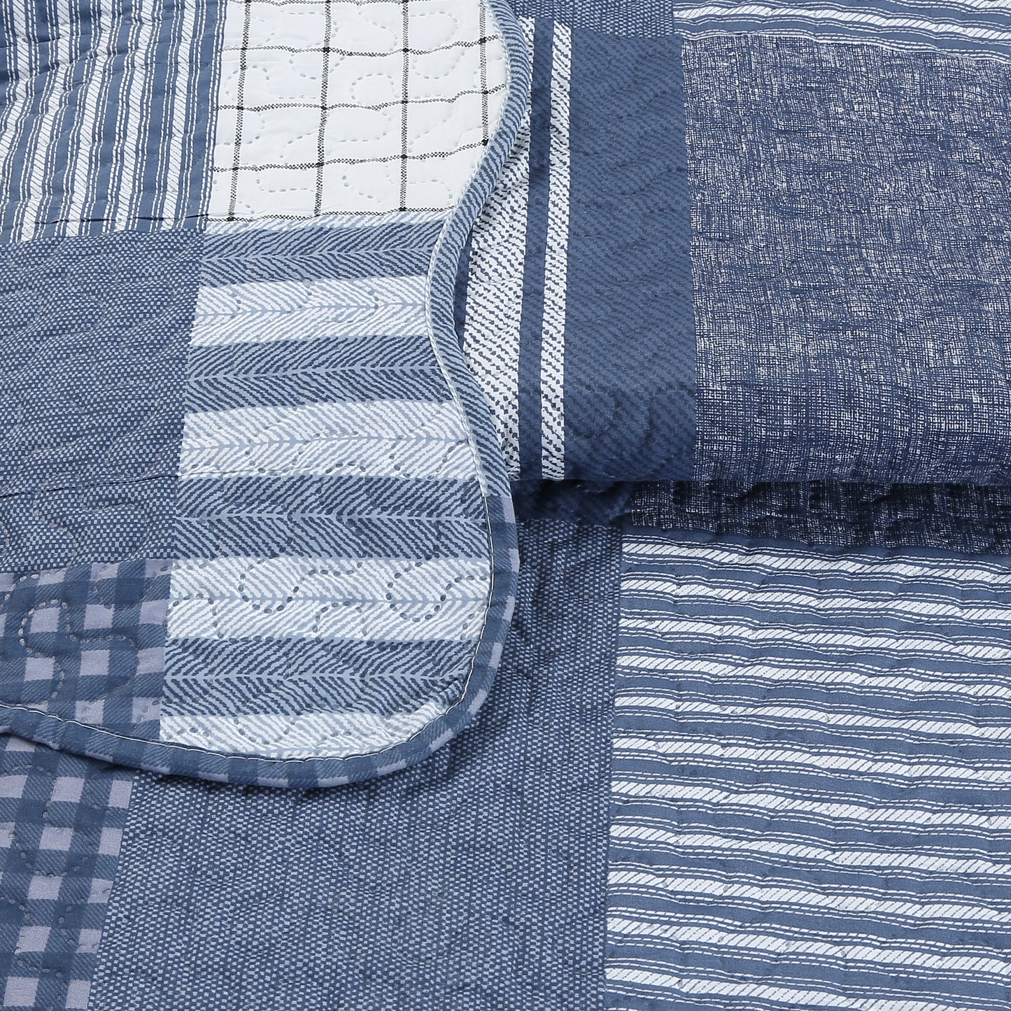 Printed Embossed Pinsonic Soft Bedding Summer Quilt Set, Navy White Plaid