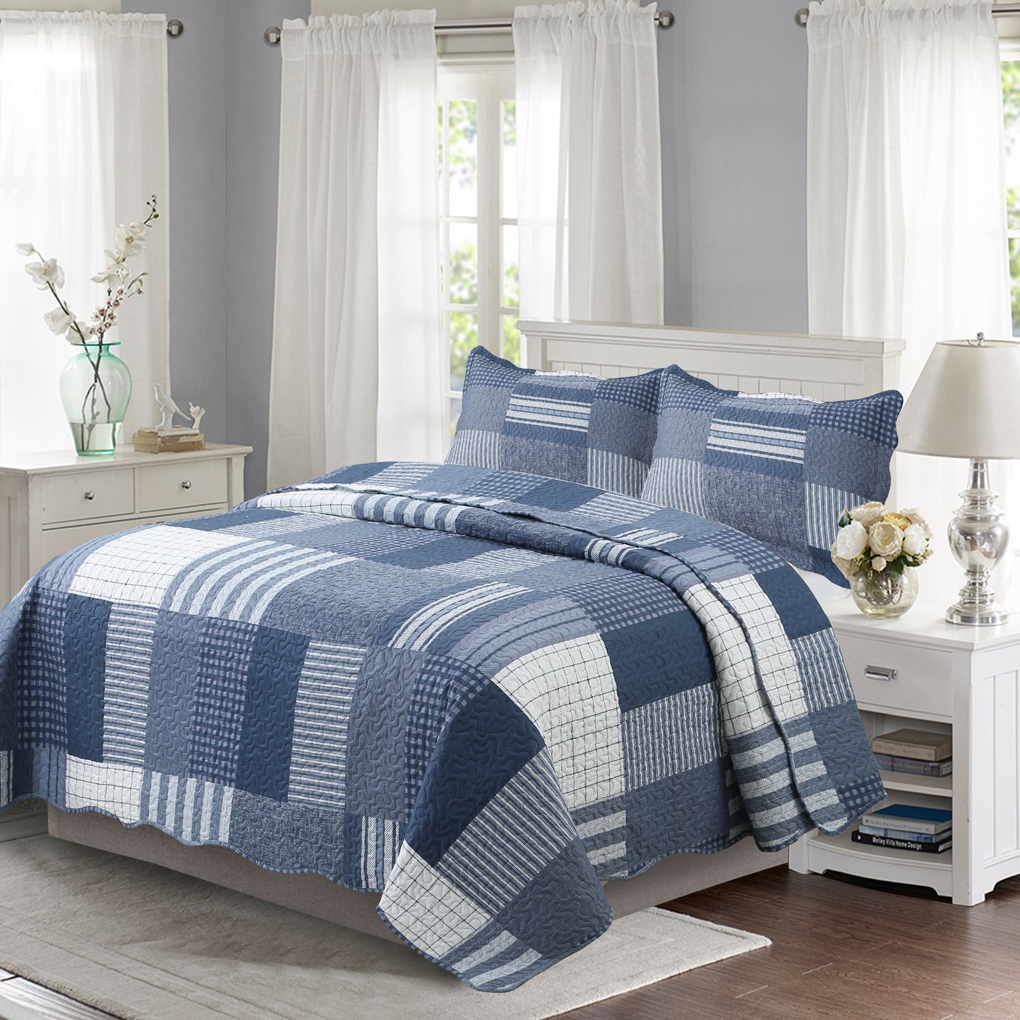 Printed Embossed Pinsonic Soft Bedding Summer Quilt Set, Navy White Plaid