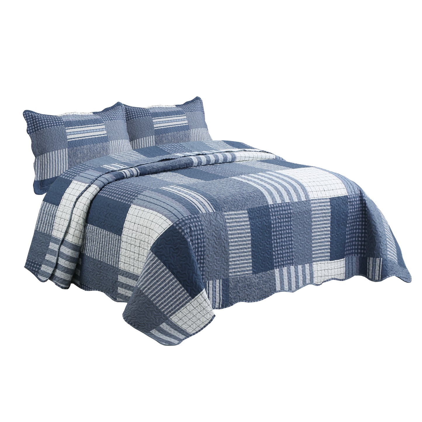 Printed Embossed Pinsonic Soft Bedding Summer Quilt Set, Navy White Plaid