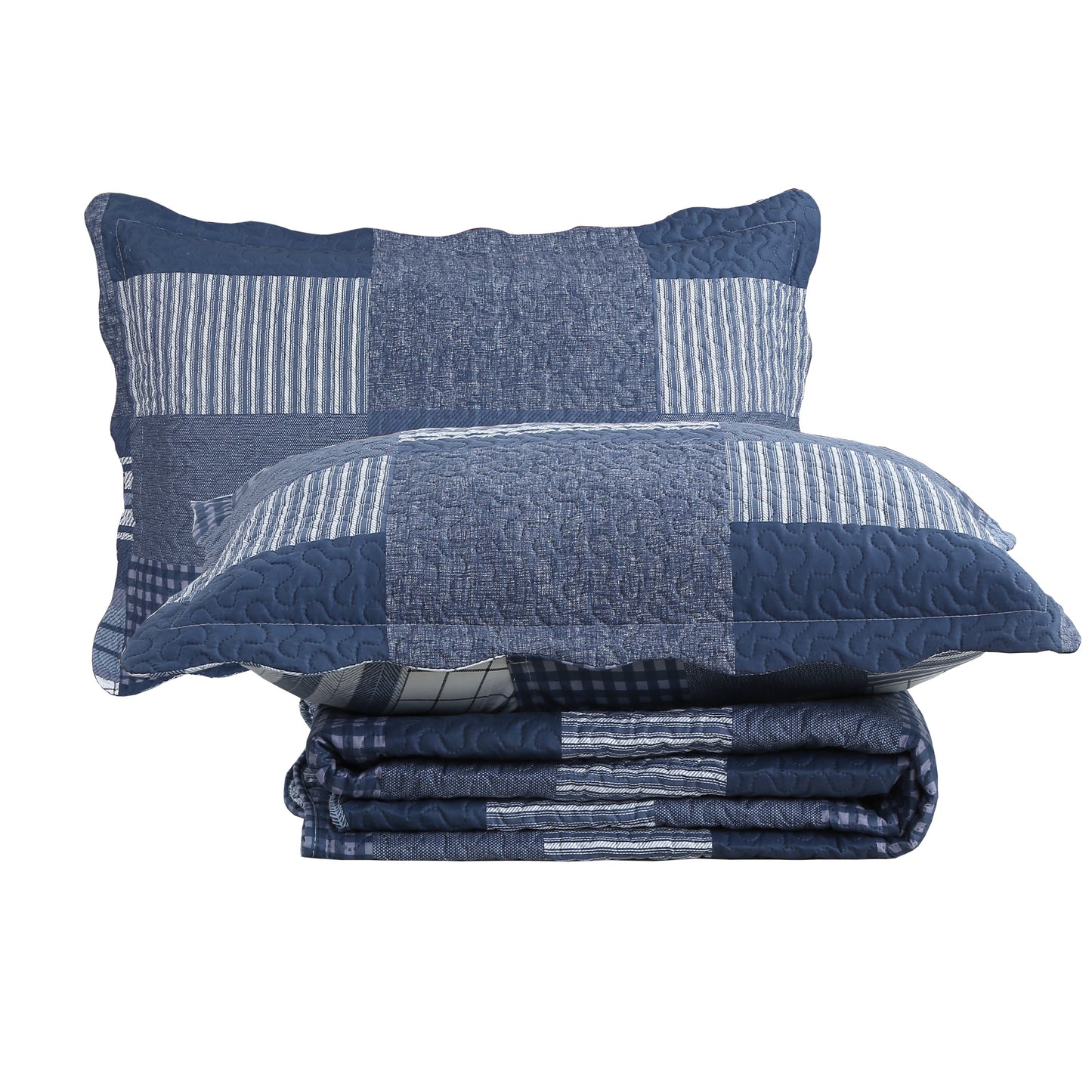 Printed Embossed Pinsonic Soft Bedding Summer Quilt Set, Navy White Plaid