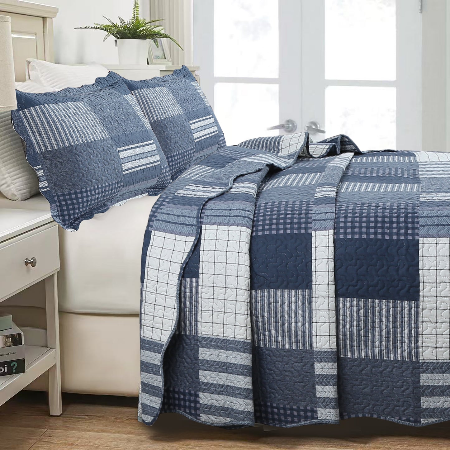 Printed Embossed Pinsonic Soft Bedding Summer Quilt Set, Navy White Plaid