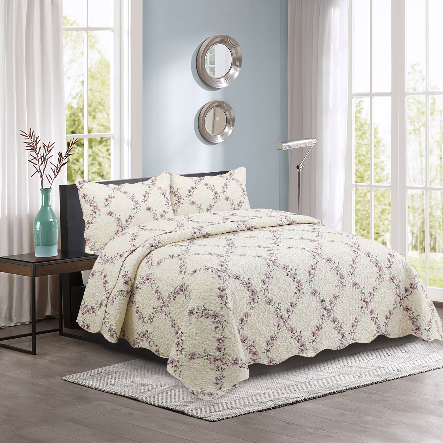 Printed Embossed Pinsonic Soft Bedding Summer Quilt Set, Purple Orchid Floral