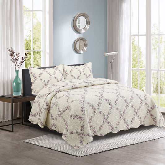 Printed Embossed Pinsonic Soft Bedding Summer Quilt Set, Purple Orchid Floral