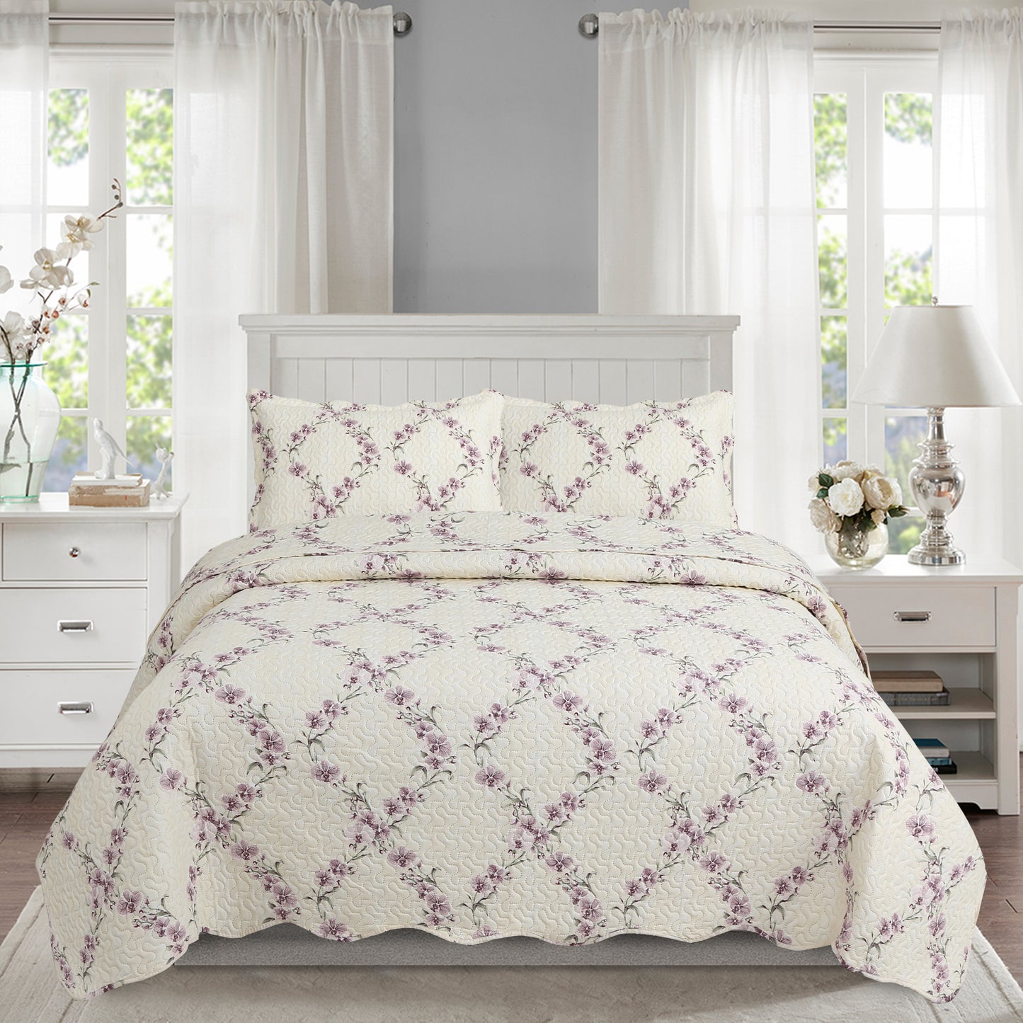 Printed Embossed Pinsonic Soft Bedding Summer Quilt Set, Purple Orchid Floral