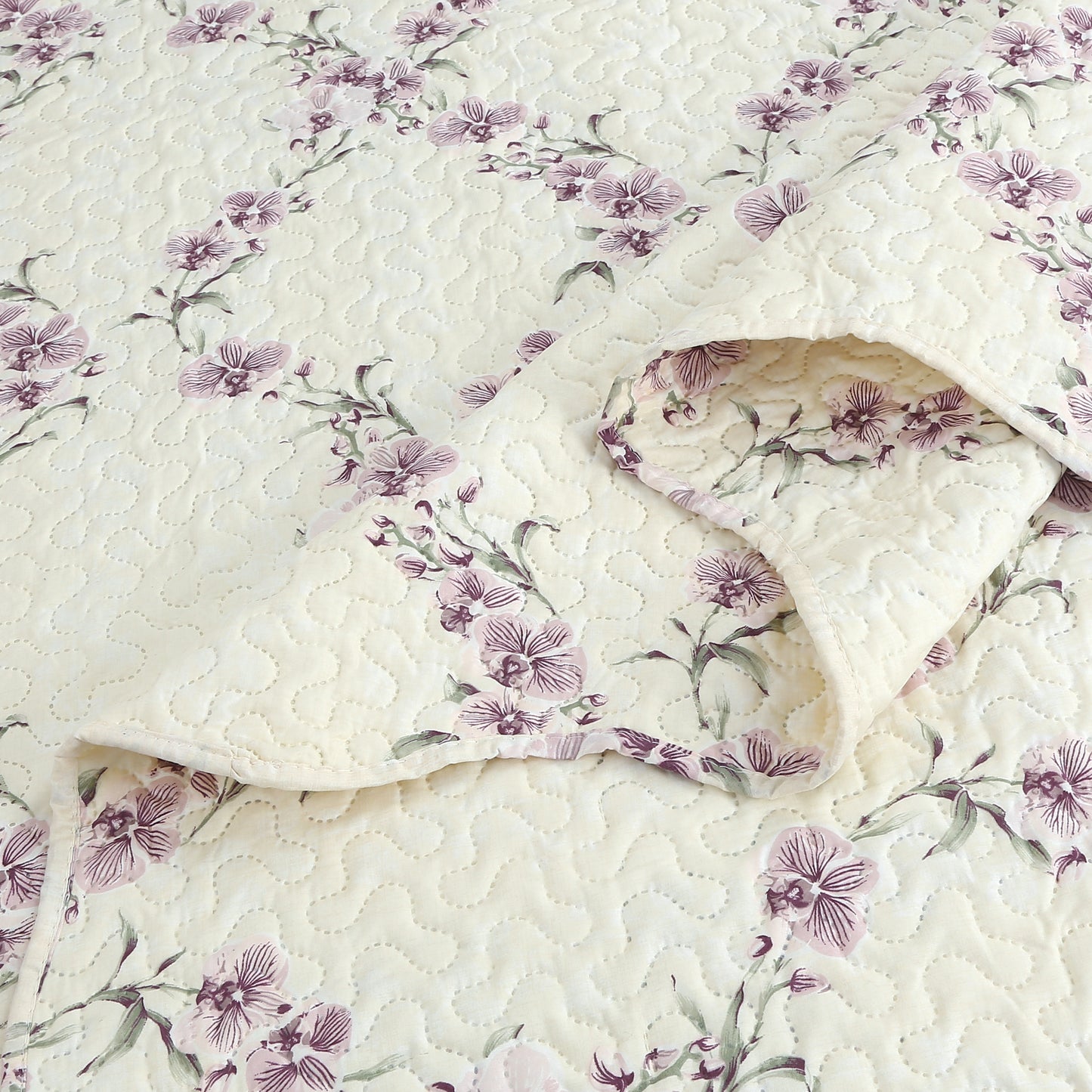 Printed Embossed Pinsonic Soft Bedding Summer Quilt Set, Purple Orchid Floral