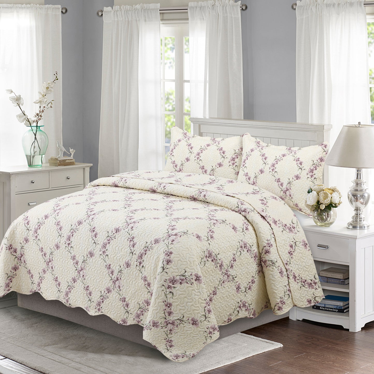 Printed Embossed Pinsonic Soft Bedding Summer Quilt Set, Purple Orchid Floral