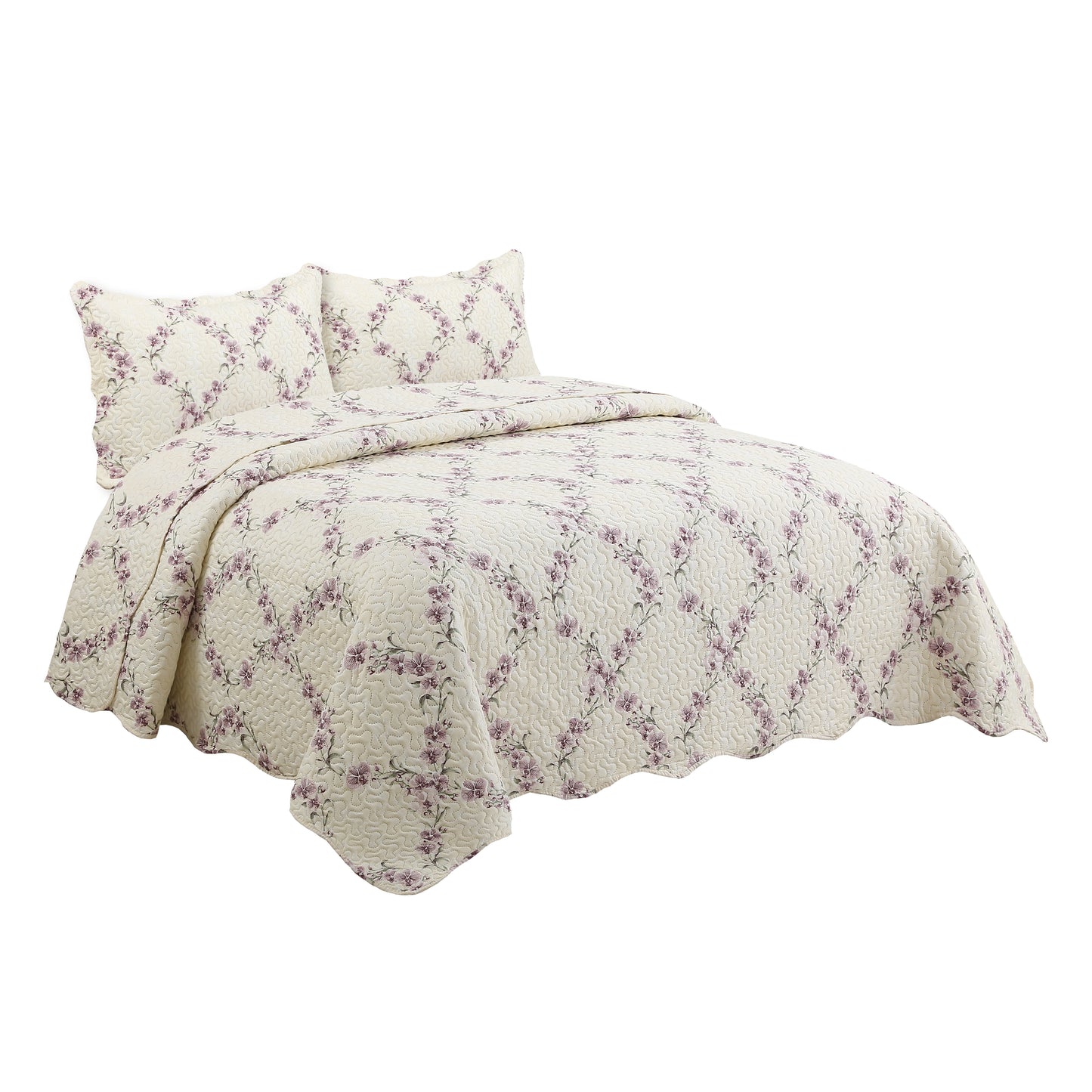 Printed Embossed Pinsonic Soft Bedding Summer Quilt Set, Purple Orchid Floral