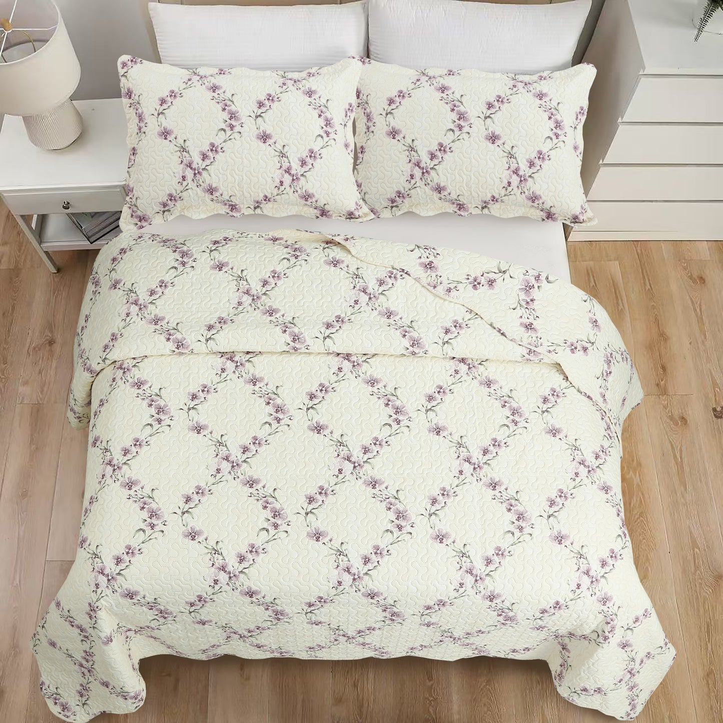 Printed Embossed Pinsonic Soft Bedding Summer Quilt Set, Purple Orchid Floral