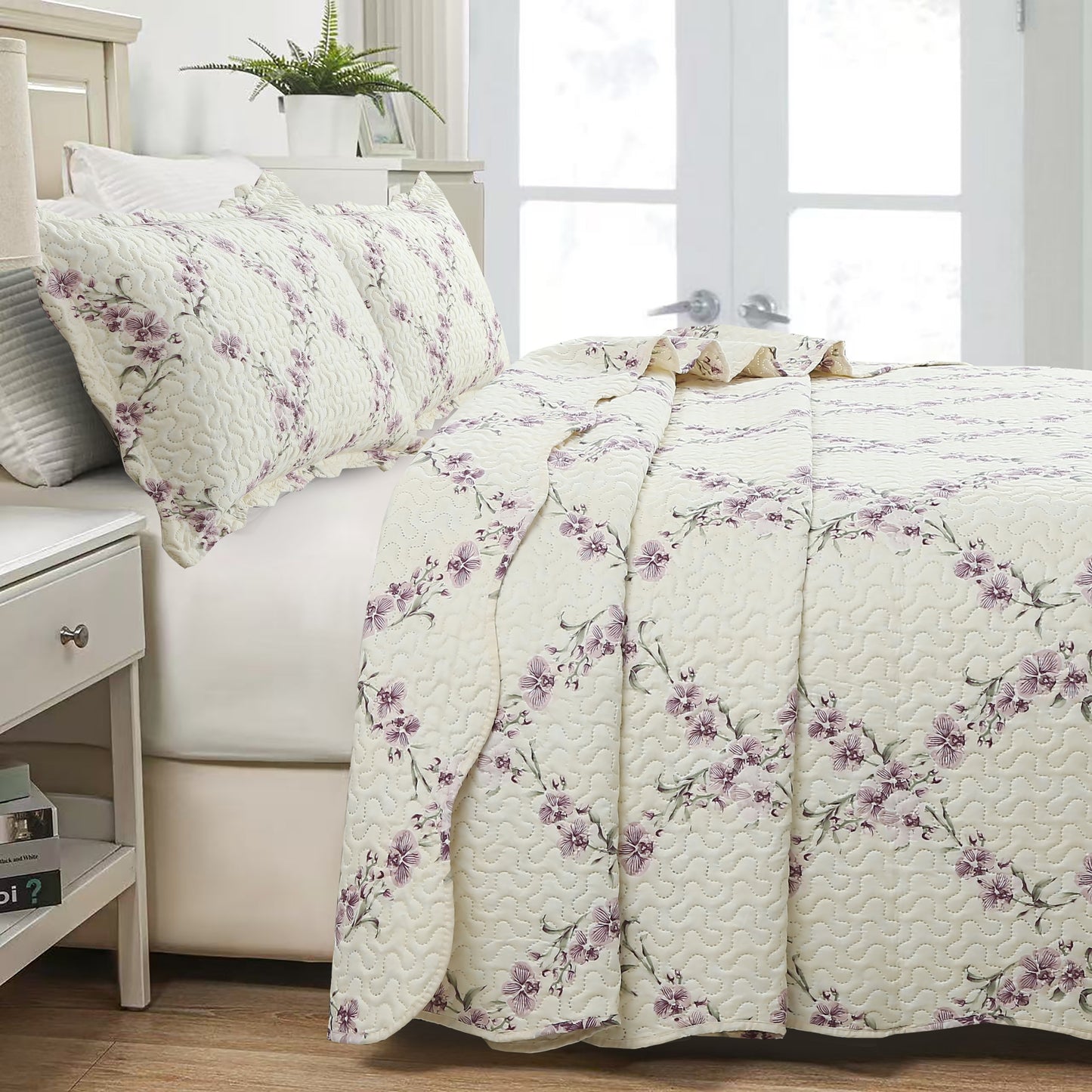 Printed Embossed Pinsonic Soft Bedding Summer Quilt Set, Purple Orchid Floral