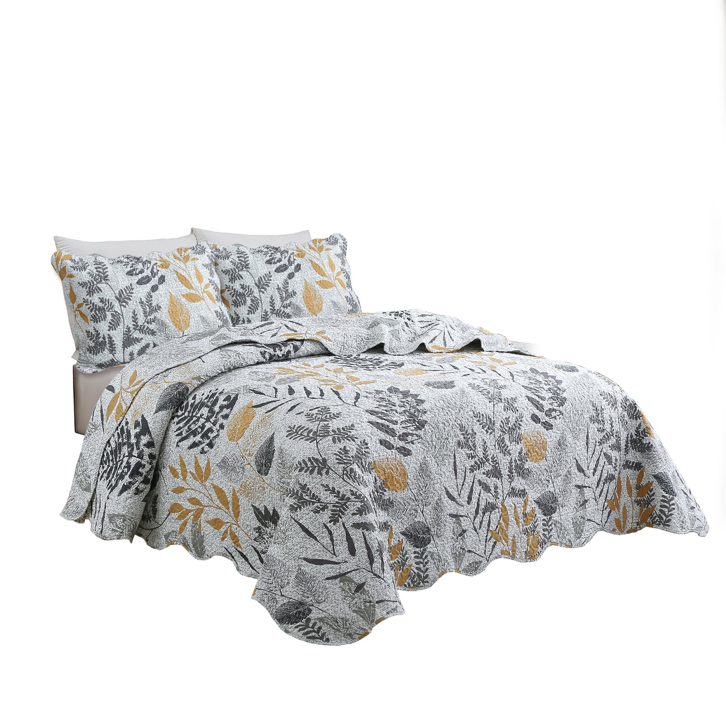 Printed Embossed Pinsonic Soft Bedding Summer Quilt Set, Modern Grey Yellow Leaves
