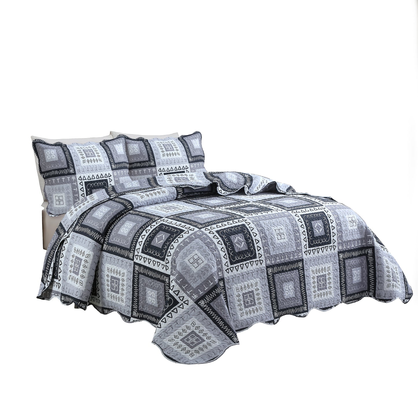 Printed Embossed Pinsonic Soft Bedding Summer Quilt Set, Modern Grey Patchwork Geometric