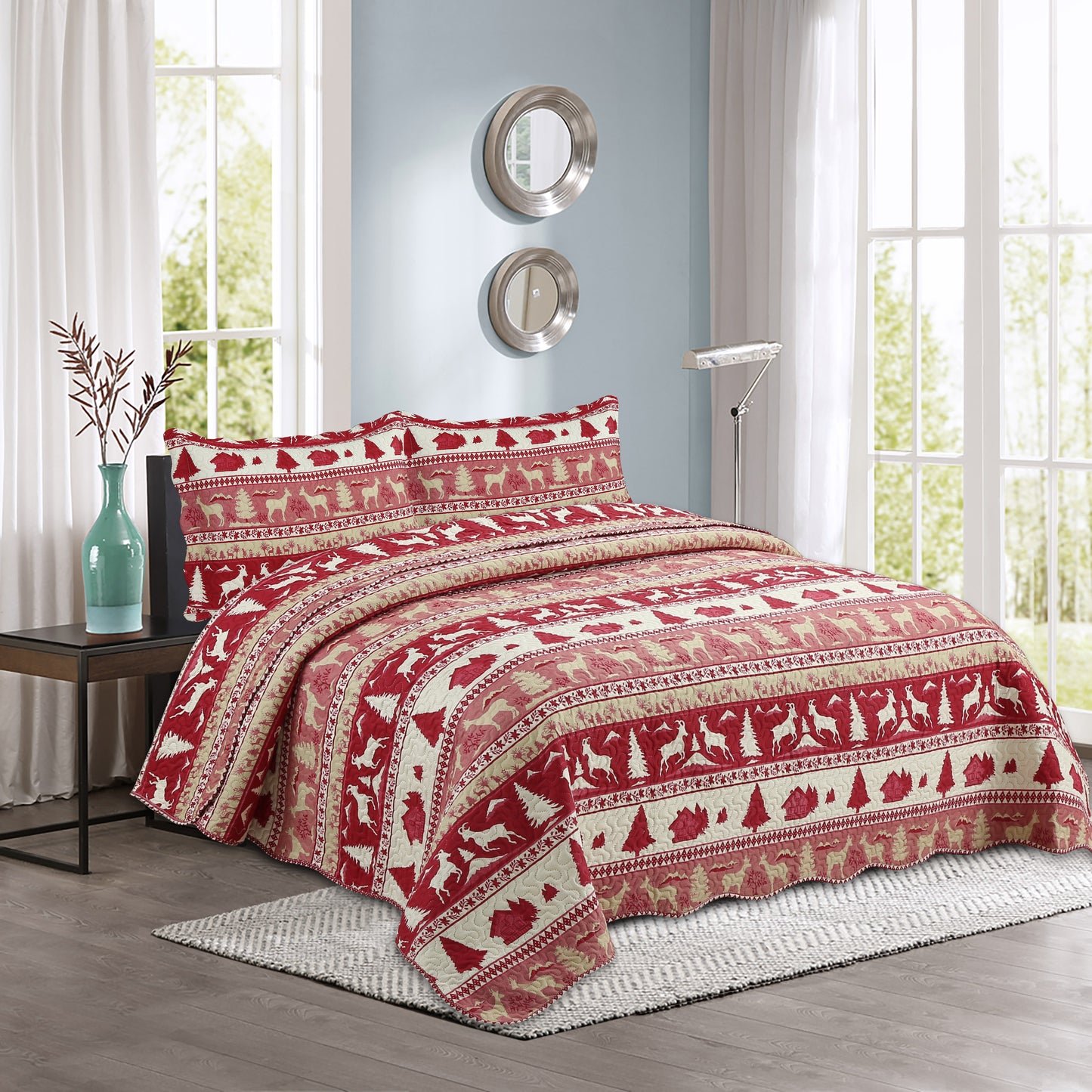 Printed Embossed Pinsonic Soft Bedding Summer Quilt Set, Cabin Red Goat