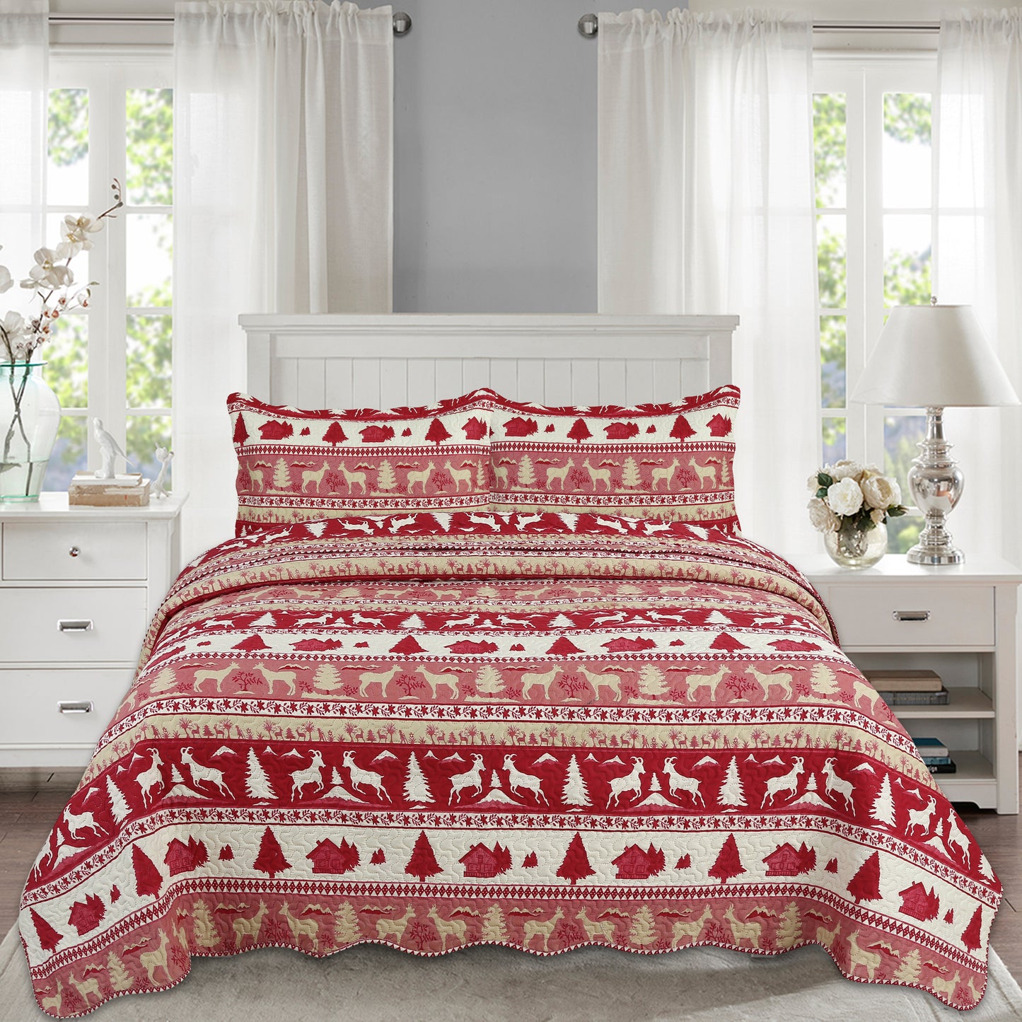 Printed Embossed Pinsonic Soft Bedding Summer Quilt Set, Cabin Red Goat