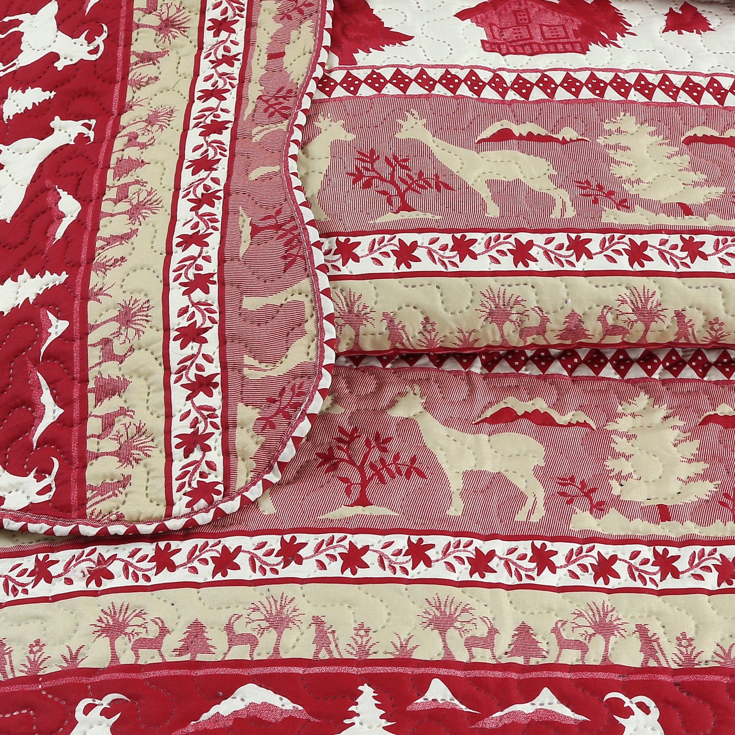 Printed Embossed Pinsonic Soft Bedding Summer Quilt Set, Cabin Red Goat
