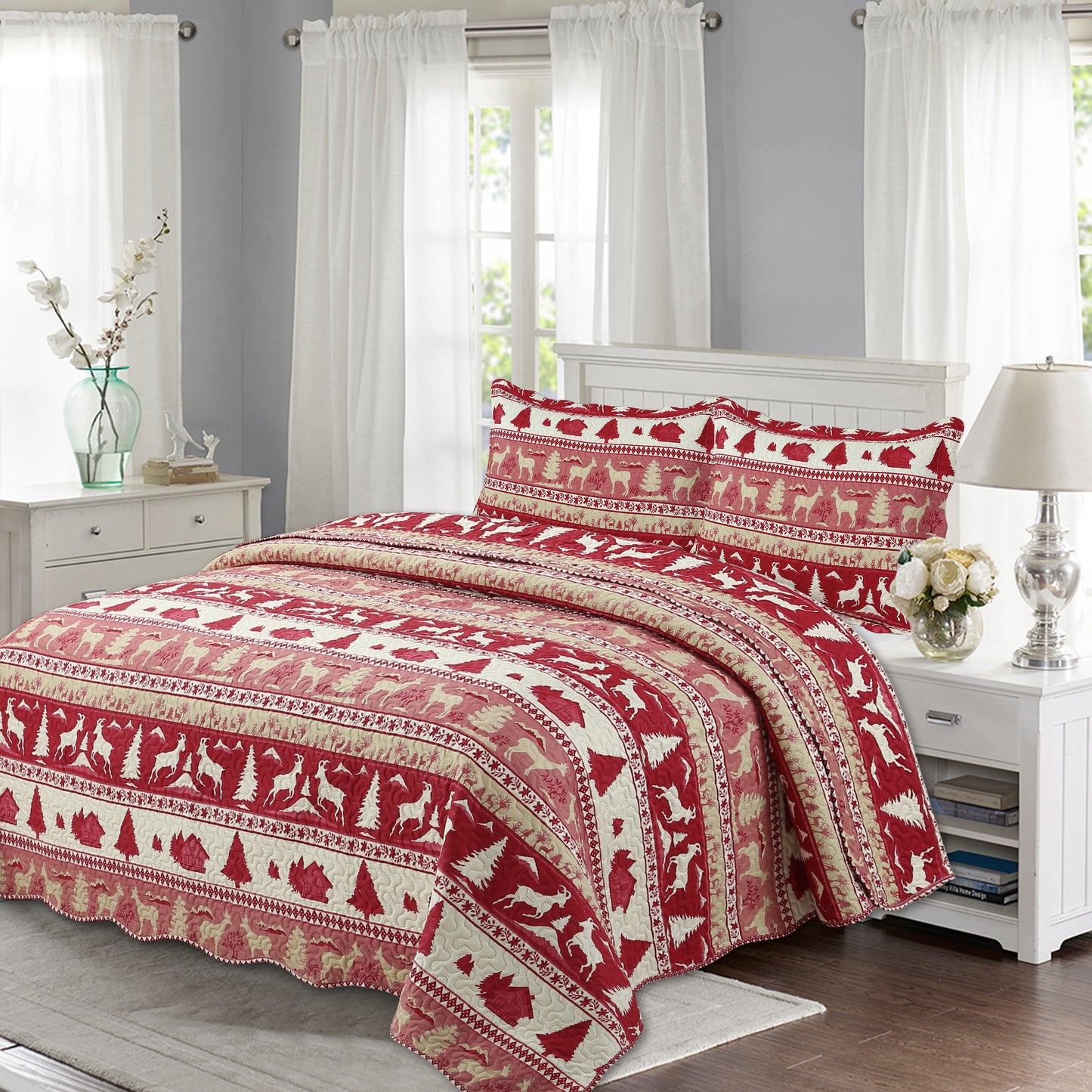 Printed Embossed Pinsonic Soft Bedding Summer Quilt Set, Cabin Red Goat