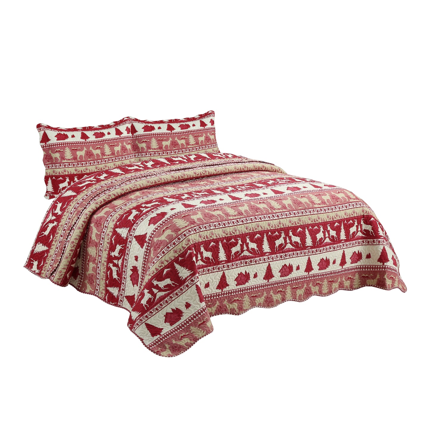 Printed Embossed Pinsonic Soft Bedding Summer Quilt Set, Cabin Red Goat