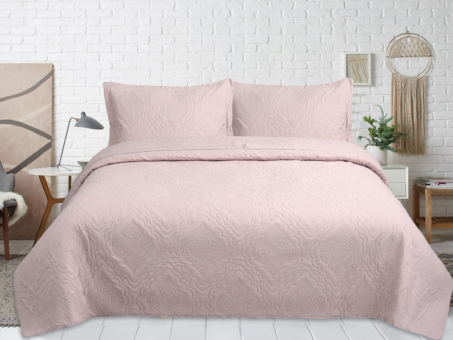 Embossed Pinsonic Solid Bedding Soft Summer Quilt Set, Pink Color