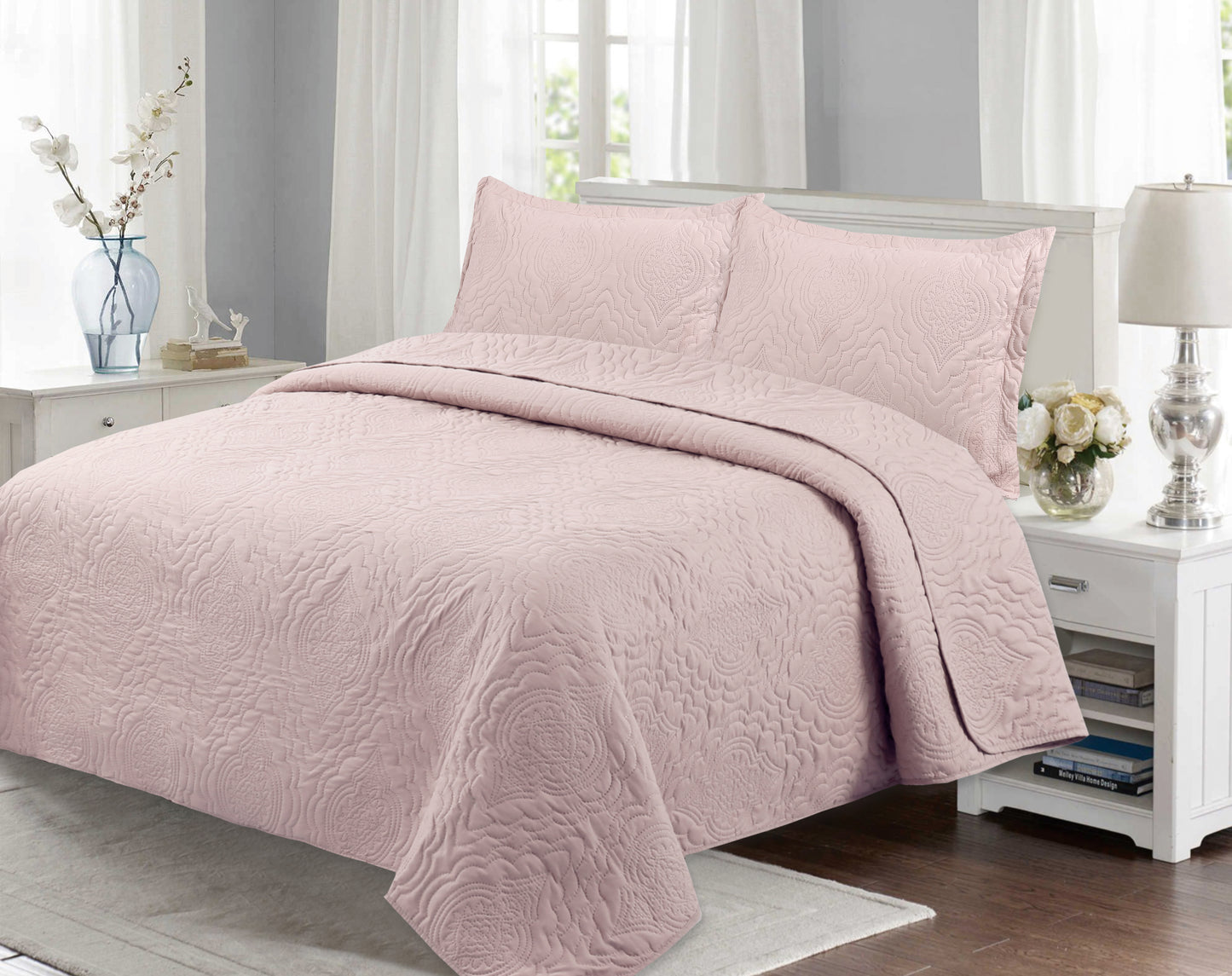Embossed Pinsonic Solid Bedding Soft Summer Quilt Set, Pink Color