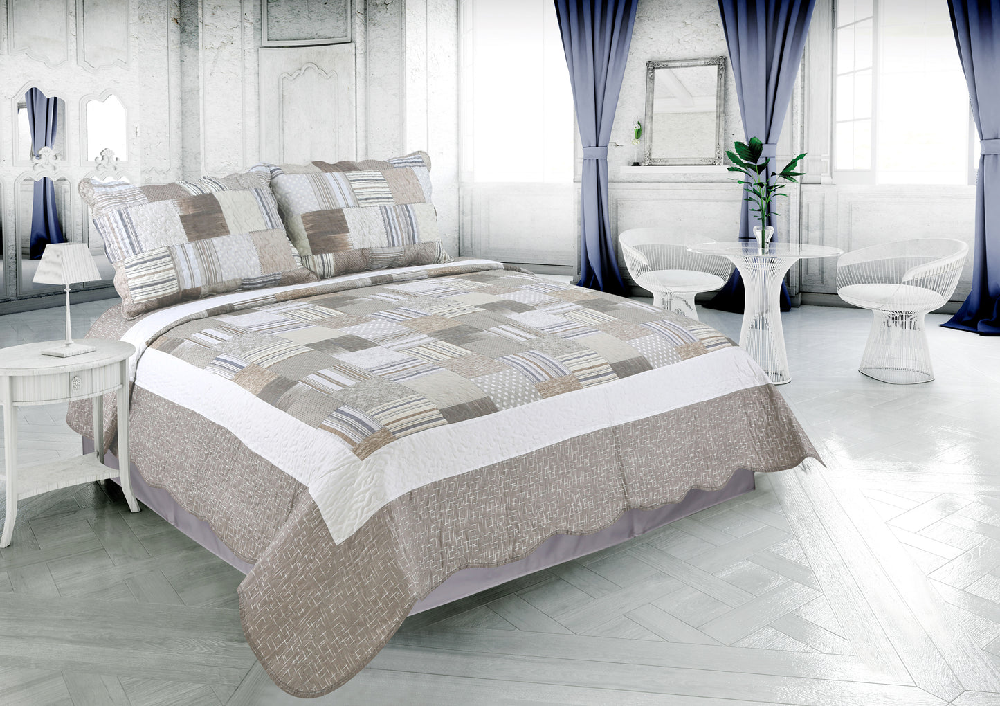 Printed Stitching Coverlet Bedspread Soft Bedding Summer Quilt Set, Taupe Modern Plaid