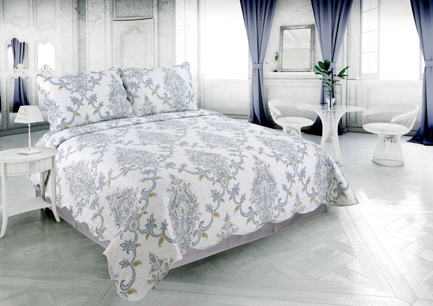 Printed Stitching Coverlet Bedspread Soft Bedding Summer Quilt Set, Blue Yellow Paisley