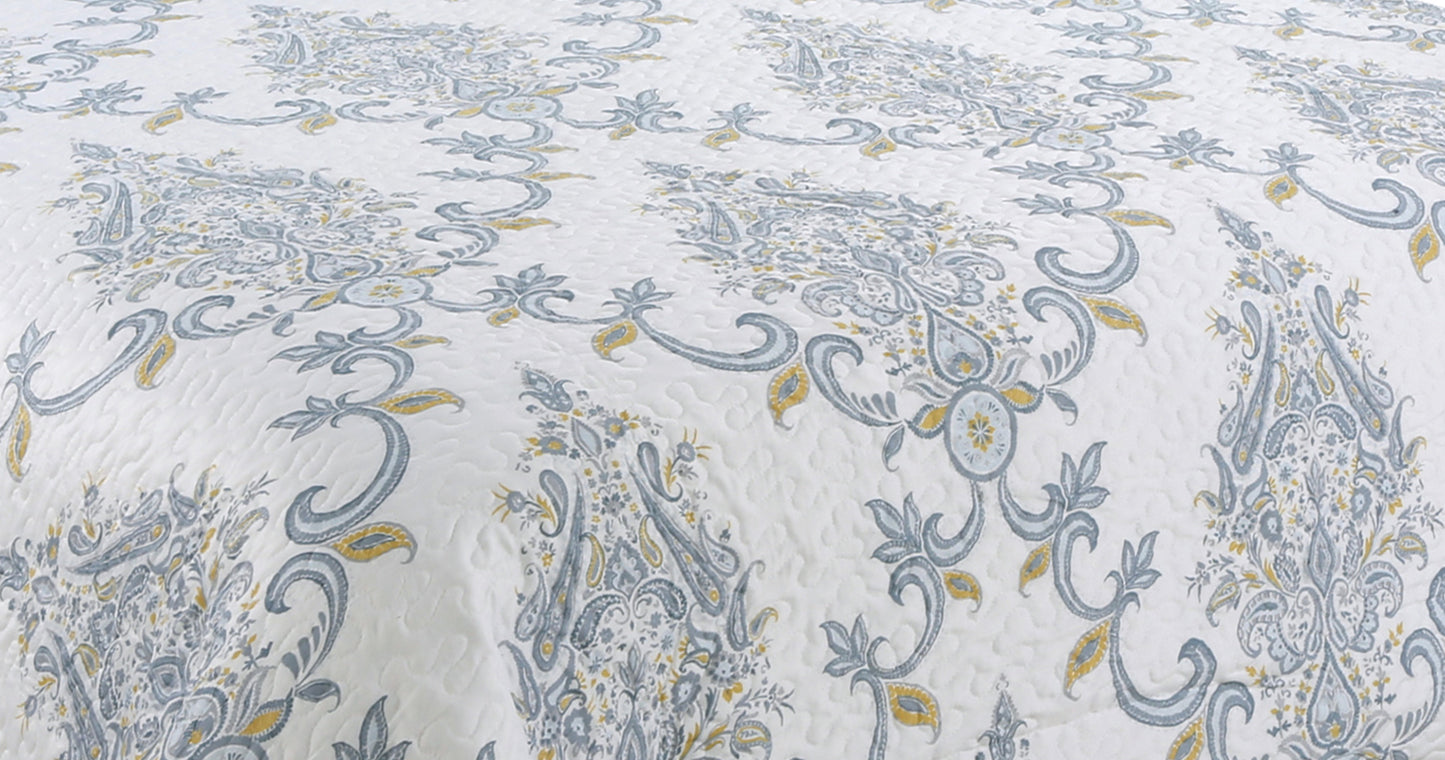 Printed Stitching Coverlet Bedspread Soft Bedding Summer Quilt Set, Blue Yellow Paisley