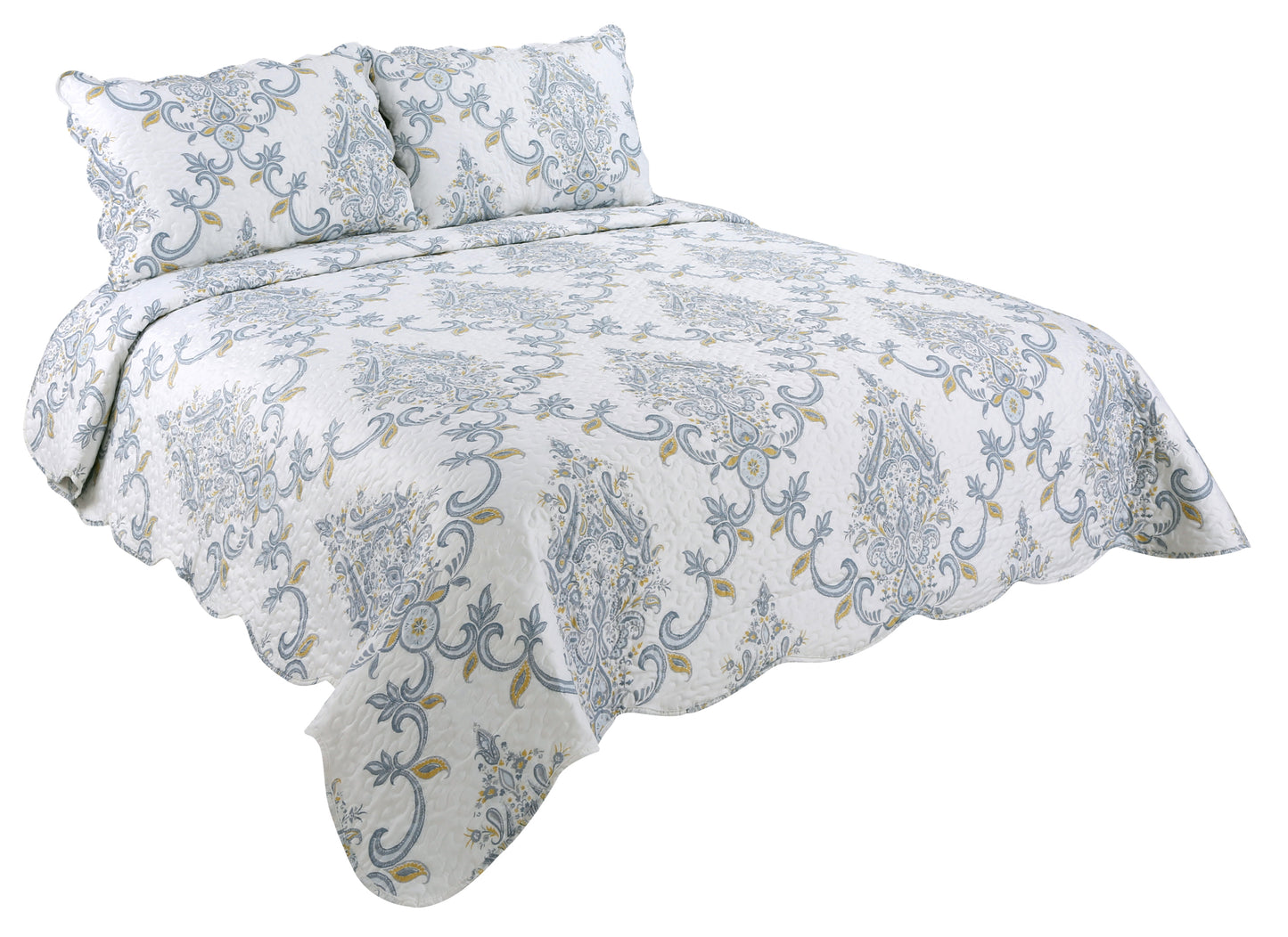 Printed Stitching Coverlet Bedspread Soft Bedding Summer Quilt Set, Blue Yellow Paisley