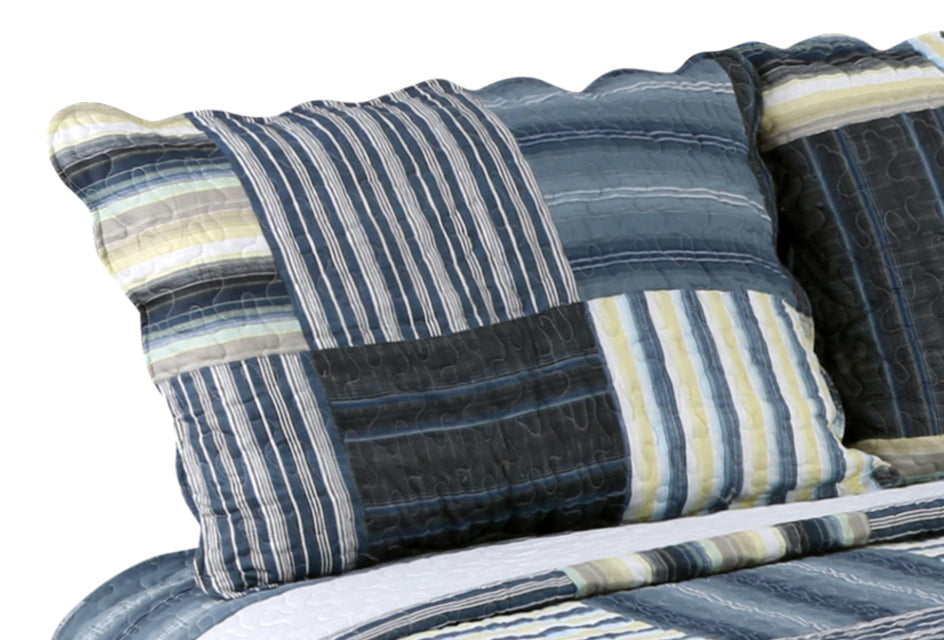 Printed Stitching Coverlet Bedspread Soft Bedding Summer Quilt Set, Navy Blue Plaid