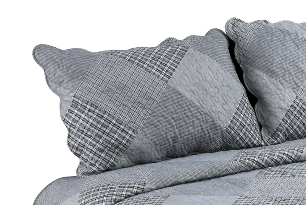 Printed Stitching Coverlet Bedspread Soft Bedding Summer Quilt Set, Grey Grid and Stripes Plaid