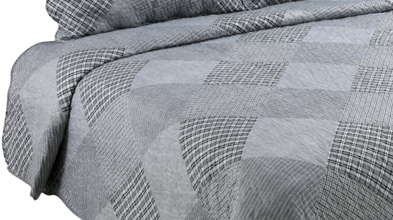 Printed Stitching Coverlet Bedspread Soft Bedding Summer Quilt Set, Grey Grid and Stripes Plaid