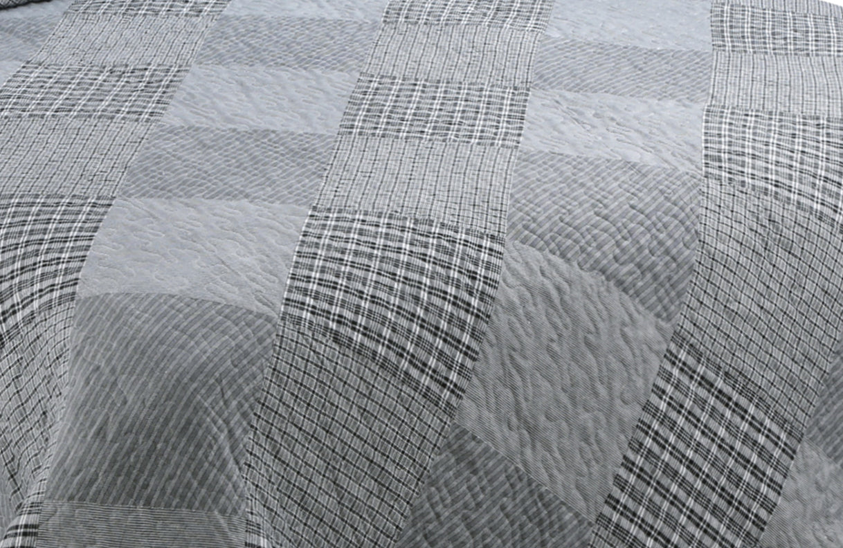 Printed Stitching Coverlet Bedspread Soft Bedding Summer Quilt Set, Grey Grid and Stripes Plaid