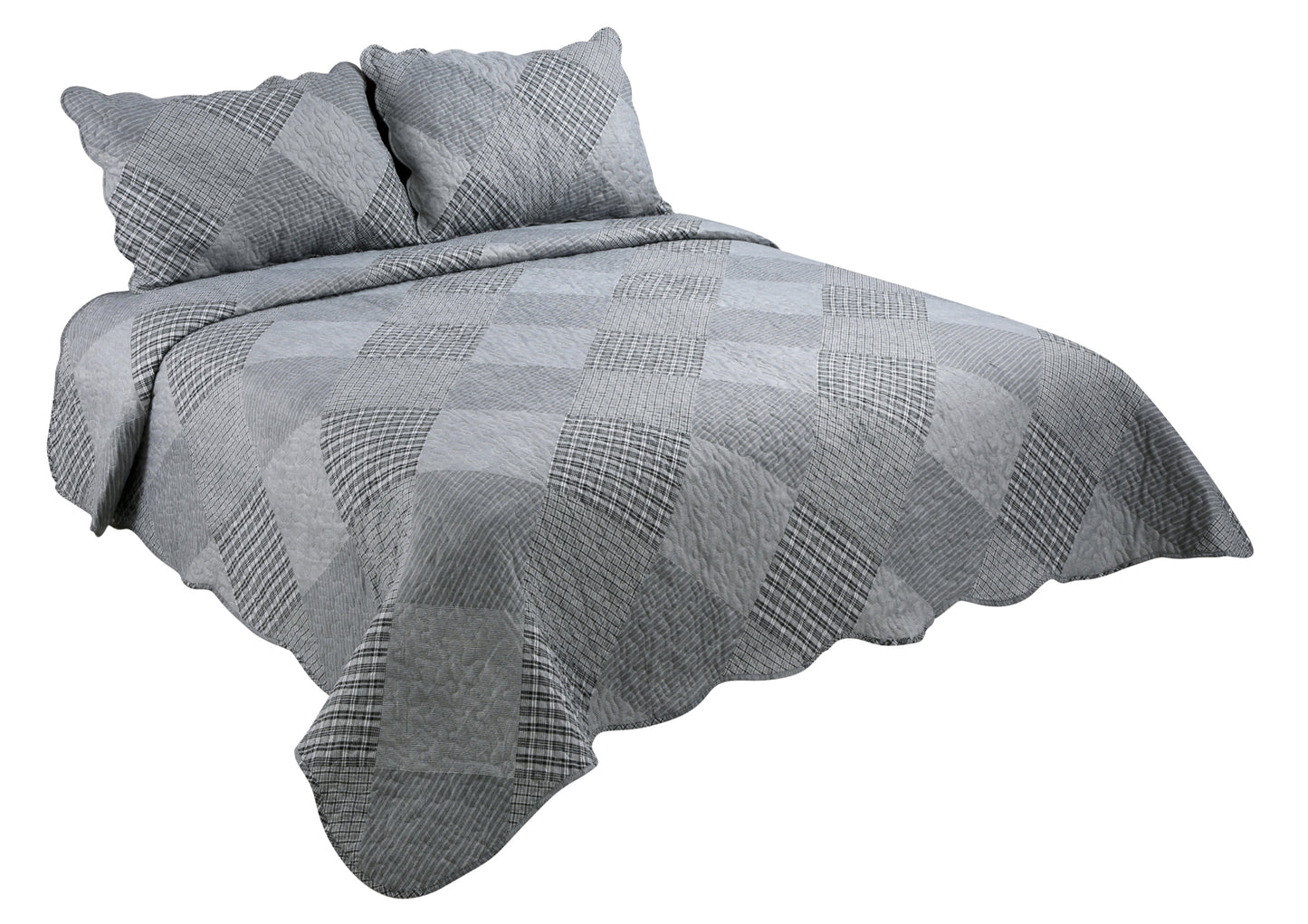Printed Stitching Coverlet Bedspread Soft Bedding Summer Quilt Set, Grey Grid and Stripes Plaid