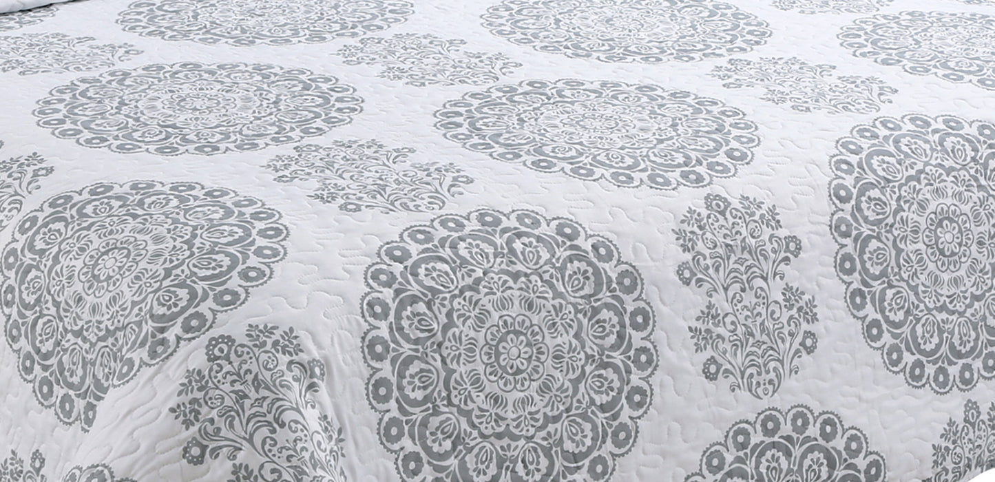 Printed Stitching Coverlet Bedspread Soft Bedding Summer Quilt Set, Grey Floral Mandala