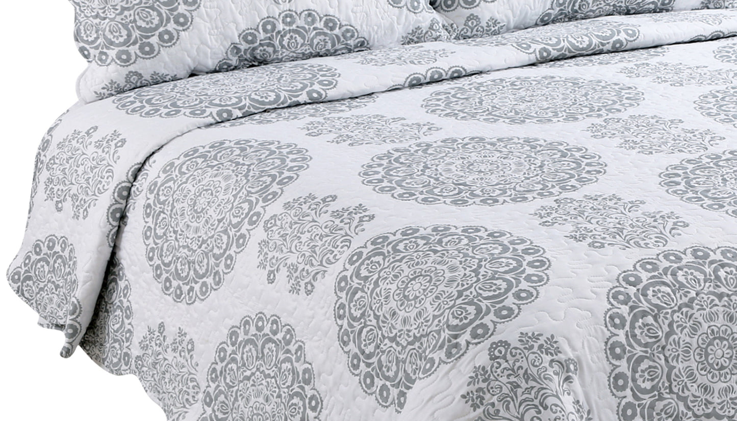 Printed Stitching Coverlet Bedspread Soft Bedding Summer Quilt Set, Grey Floral Mandala
