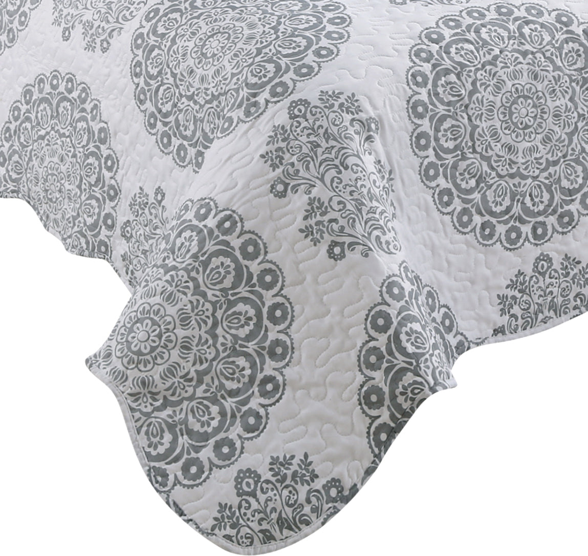 Printed Stitching Coverlet Bedspread Soft Bedding Summer Quilt Set, Grey Floral Mandala