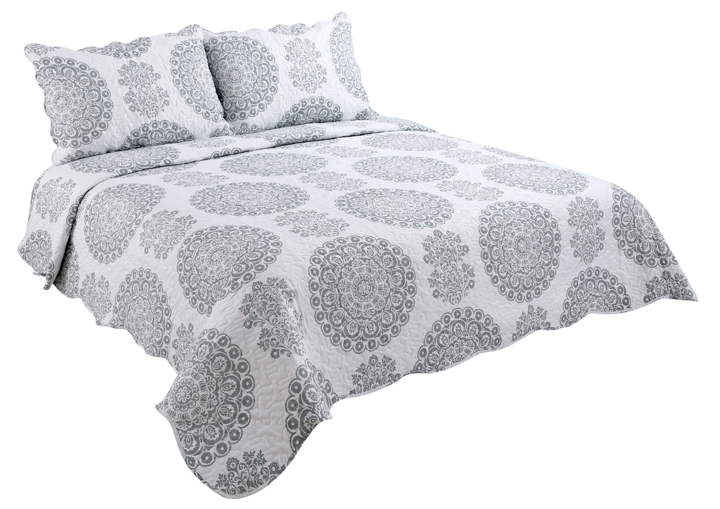 Printed Stitching Coverlet Bedspread Soft Bedding Summer Quilt Set, Grey Floral Mandala