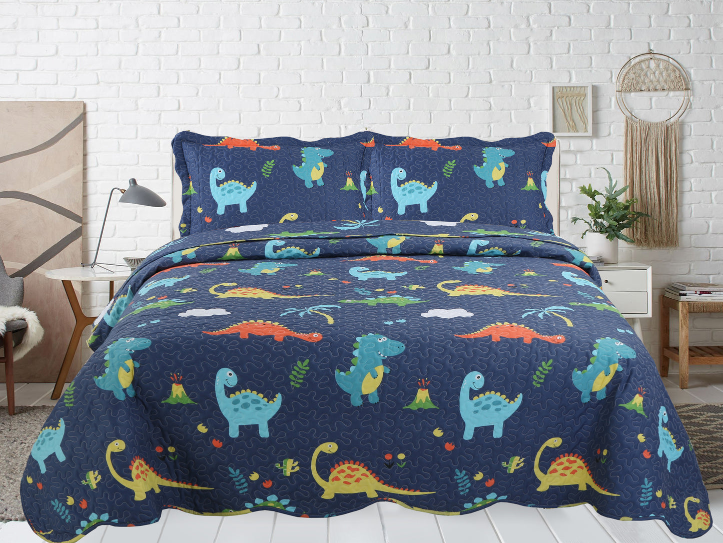 Printed Stitching Coverlet Bedspread Soft Bedding Summer Quilt Set, Dinosaur Zoo with Navy Blue