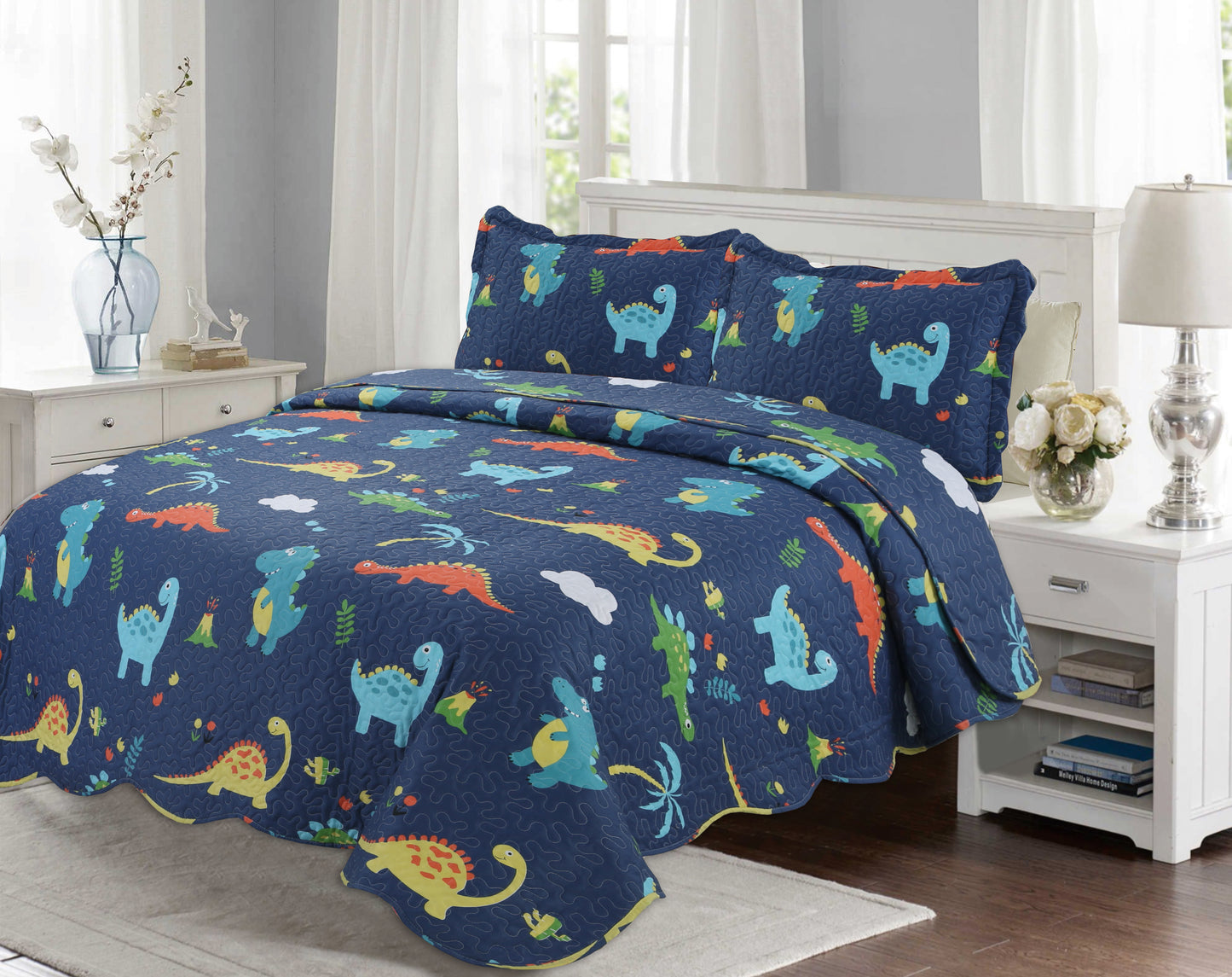 Printed Stitching Coverlet Bedspread Soft Bedding Summer Quilt Set, Dinosaur Zoo with Navy Blue