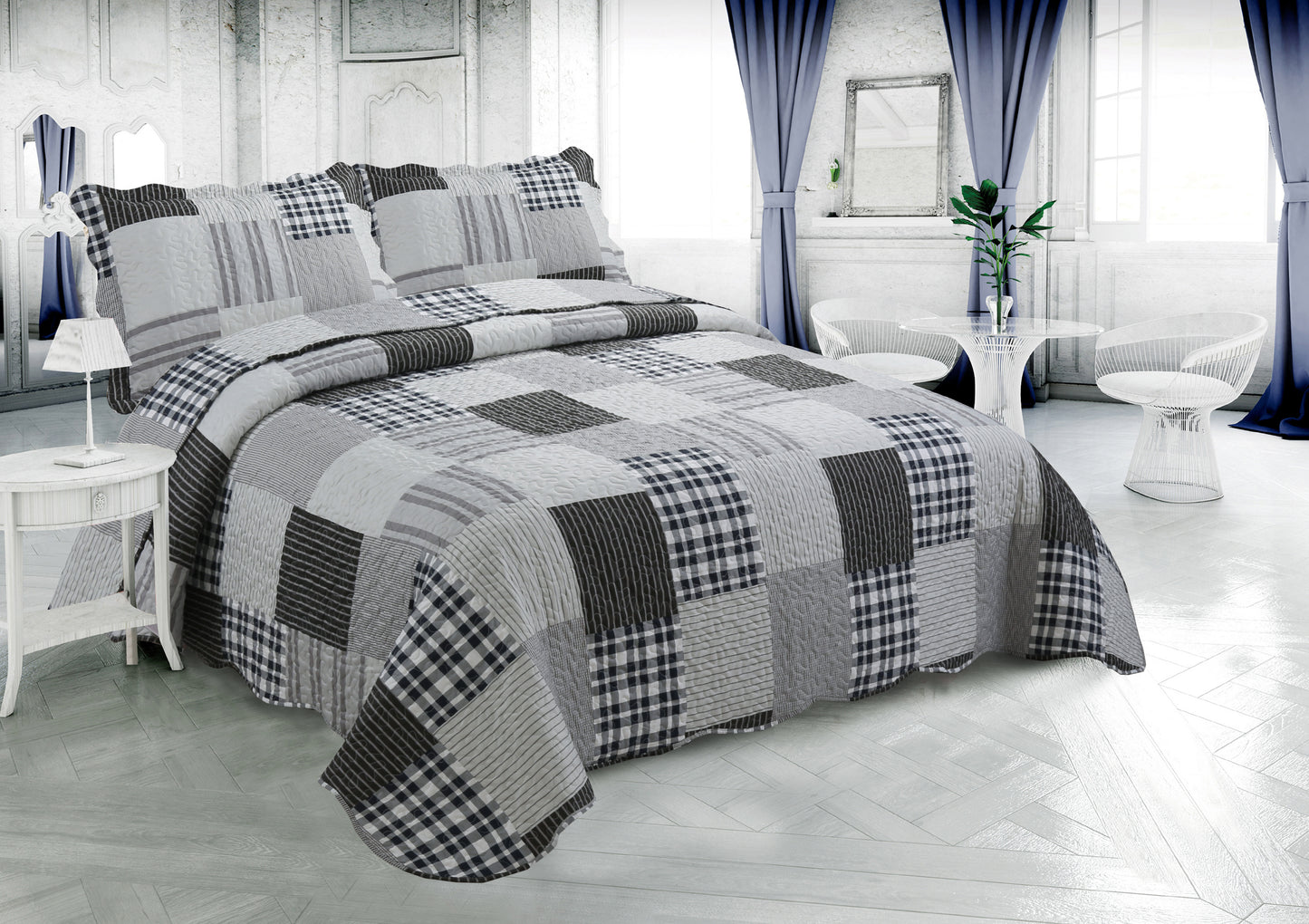 Printed Stitching Coverlet Bedspread Soft Bedding Summer Quilt Set, Modern Grey Plaid
