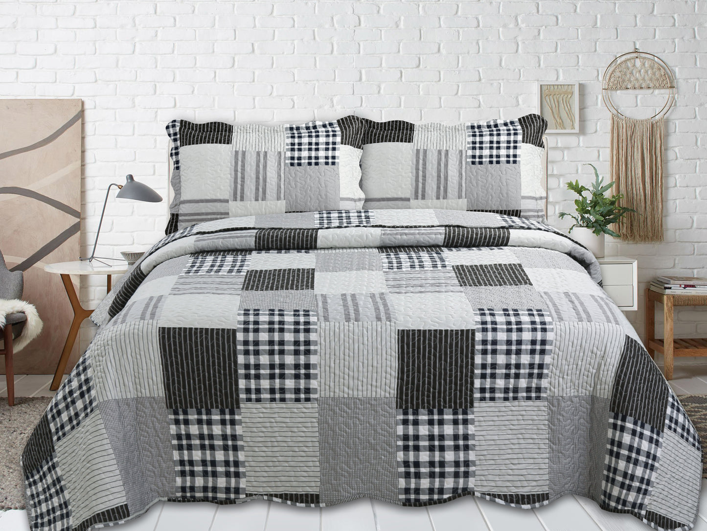 Printed Stitching Coverlet Bedspread Soft Bedding Summer Quilt Set, Modern Grey Plaid