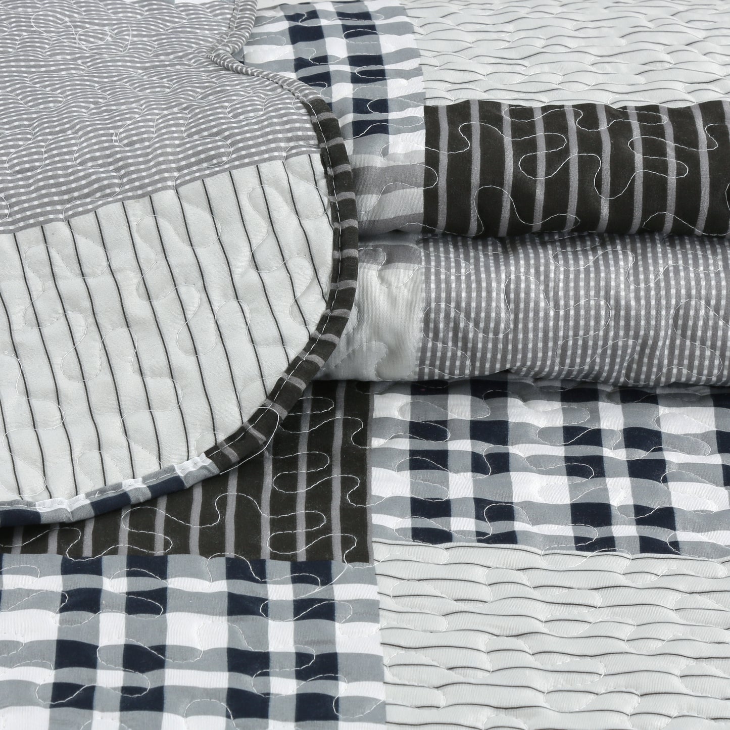 Printed Stitching Coverlet Bedspread Soft Bedding Summer Quilt Set, Modern Grey Plaid
